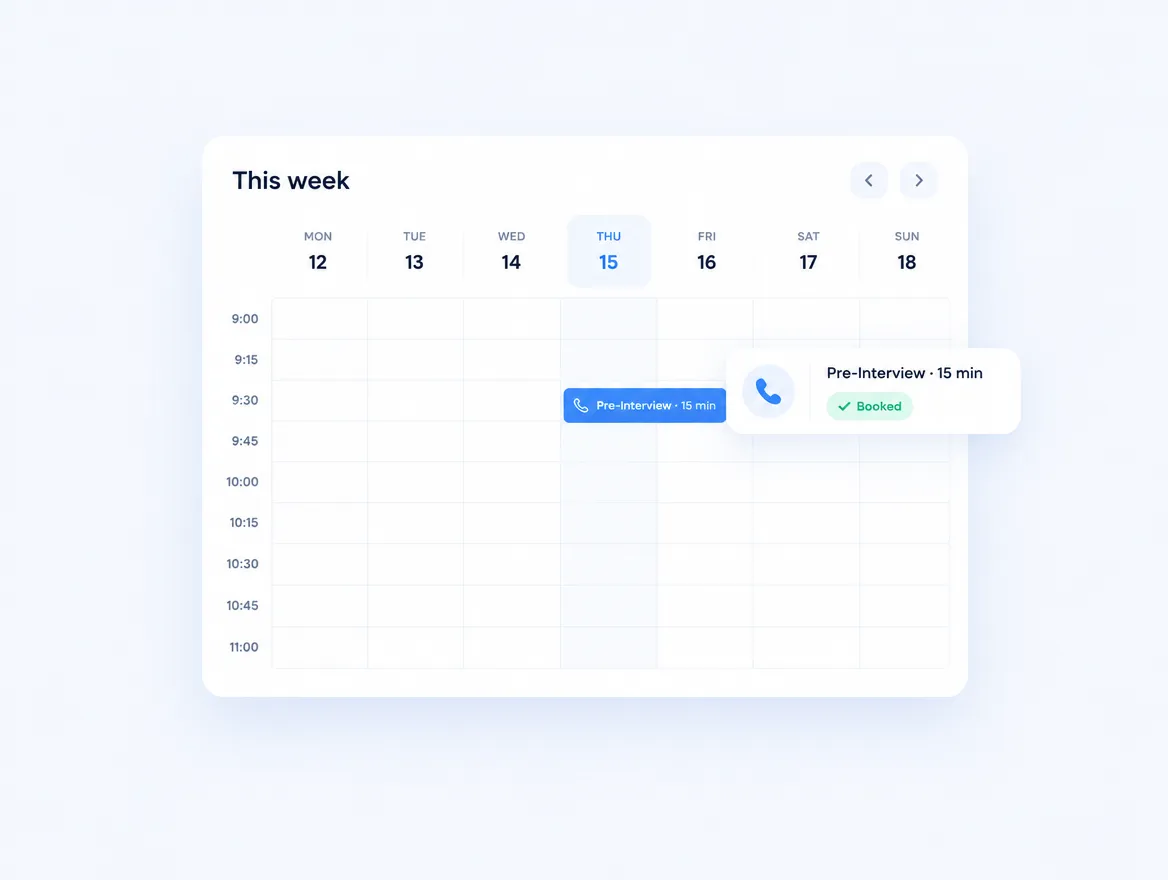 A calendar with a 15-minute Pre-Interview slot booked