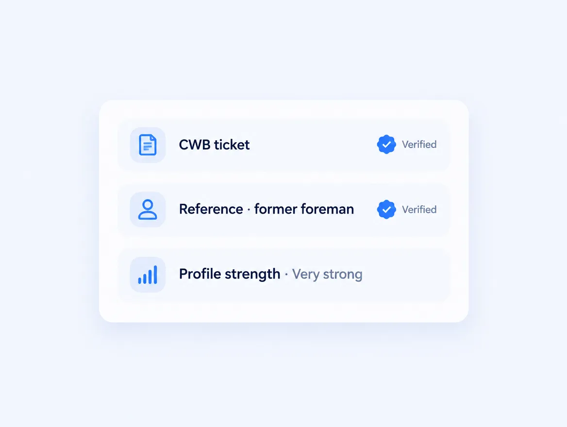 Verified credential and reference rows with profile strength