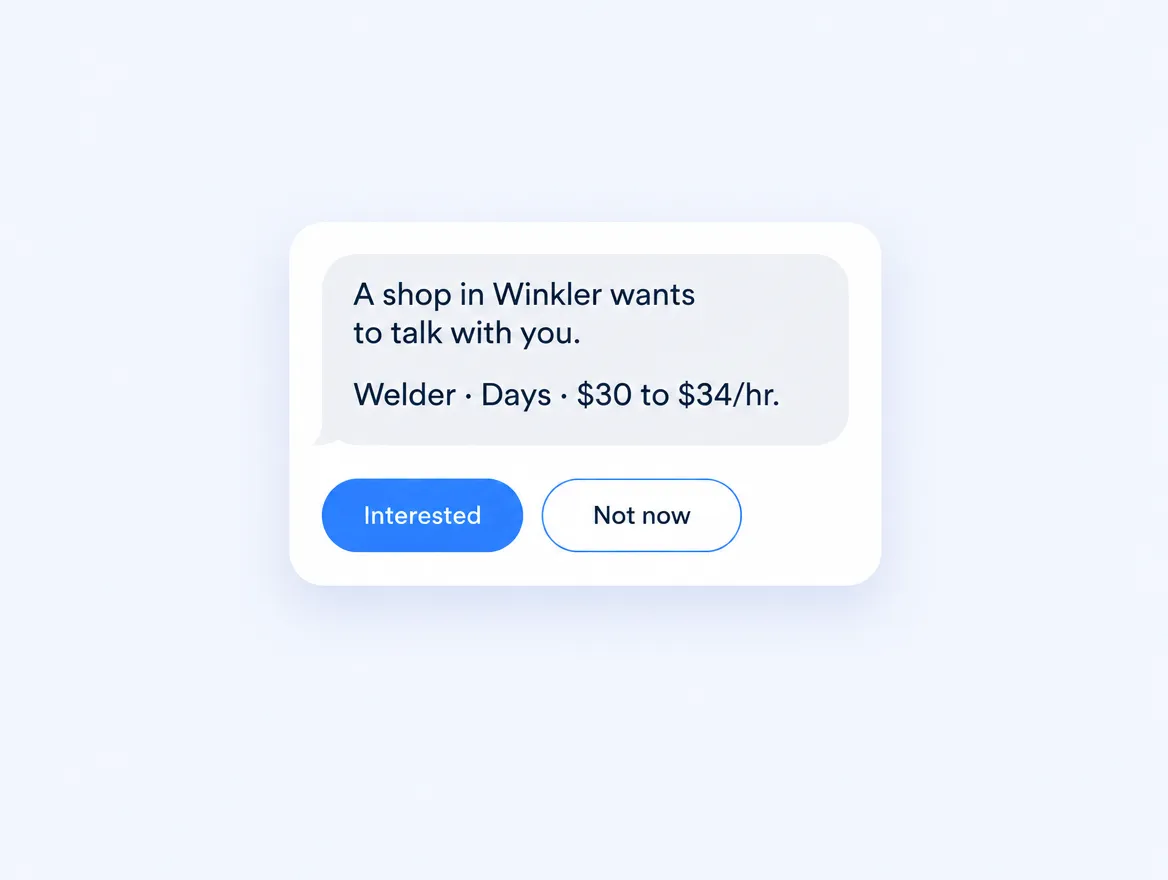 A text message inviting a worker to talk, with Interested and Not now buttons