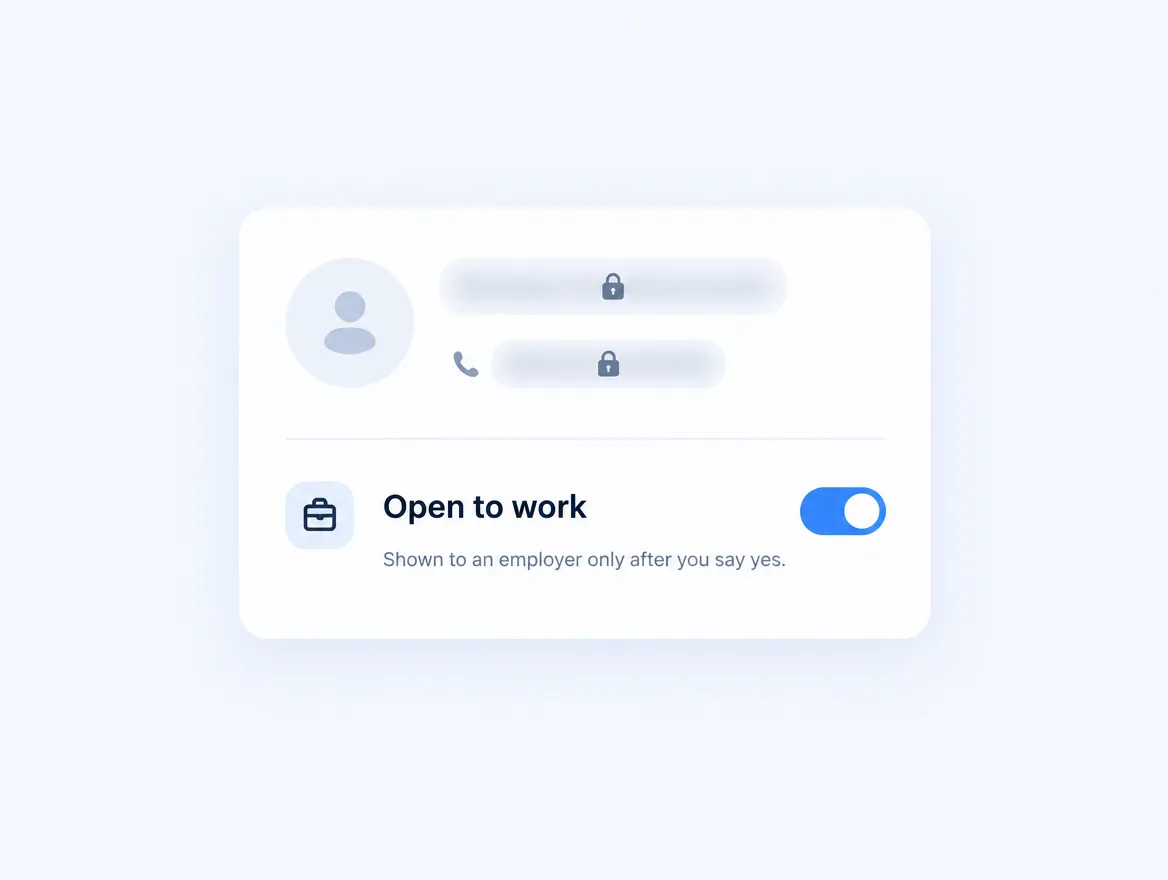 A profile with name and phone hidden behind a lock, Open to work switched on
