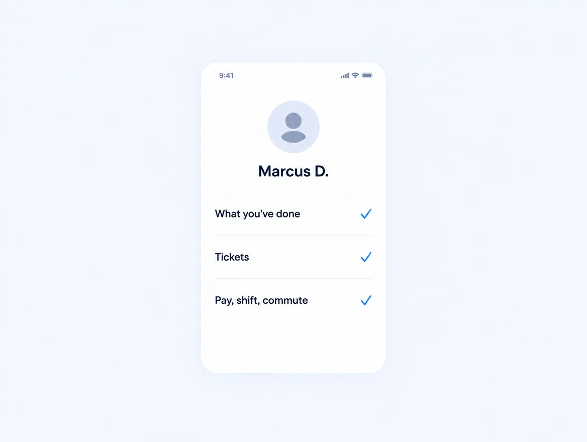 A worker profile with experience, certifications, and expectations checked off