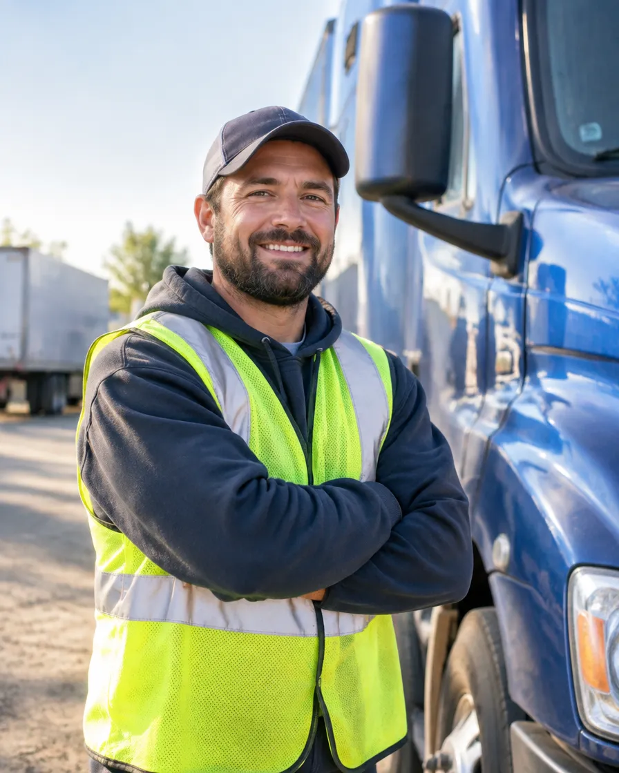 A truck driver standing beside a semi truck in a sunny yard, arms crossed, smiling