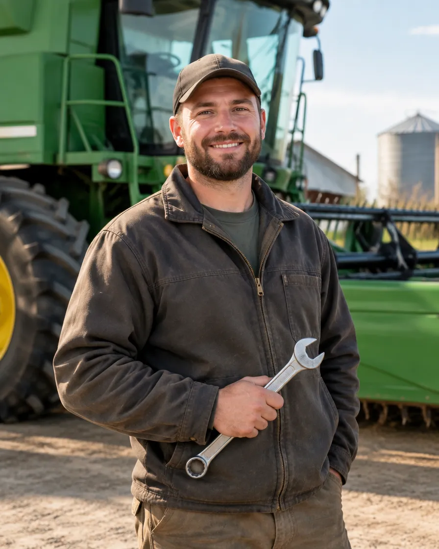 A farm equipment mechanic beside a combine harvester, wrench in hand, smiling