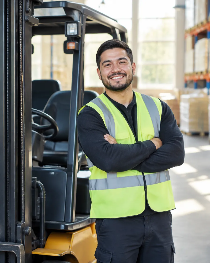 A forklift operator standing beside a forklift in a bright warehouse, arms crossed, smiling