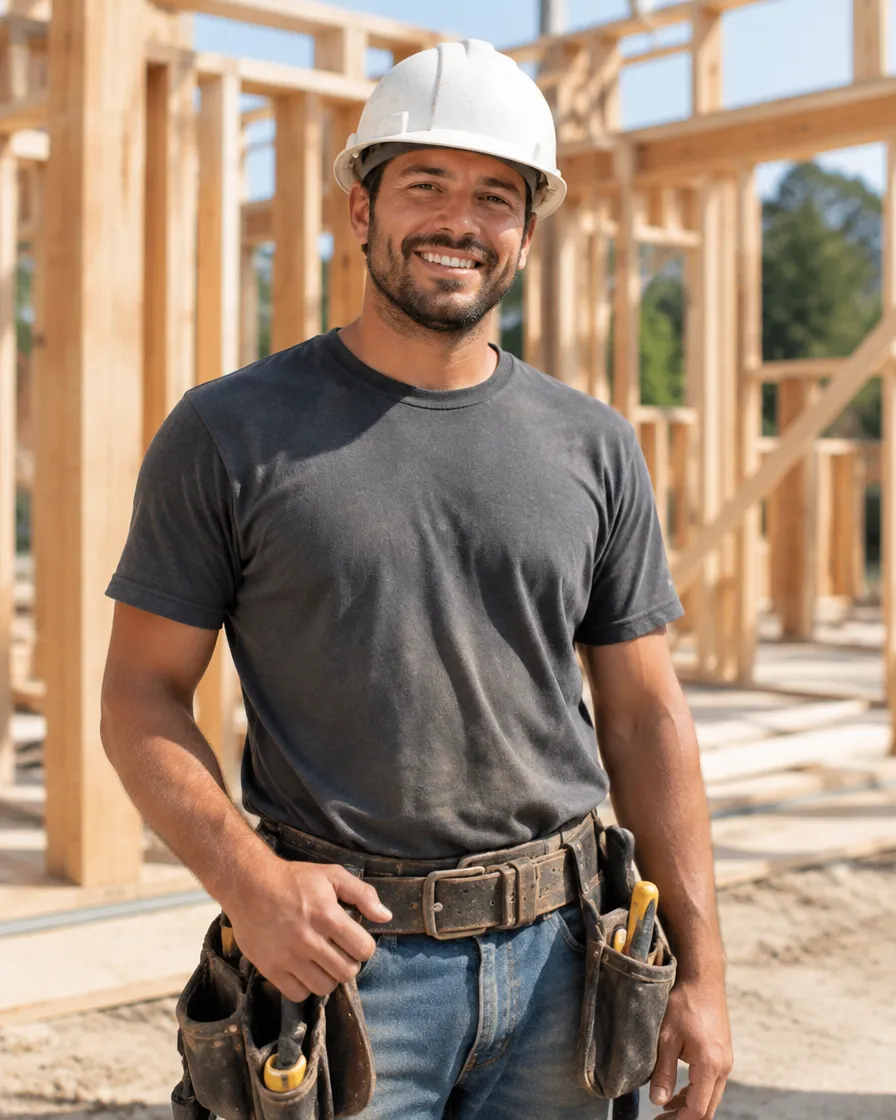 A construction labourer on a framing job site, tool belt on, smiling