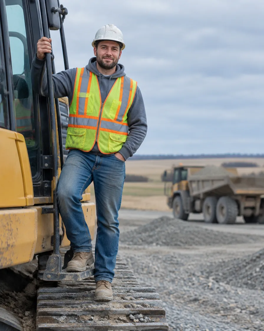 A heavy equipment operator standing on the step of an excavator at a gravel site
