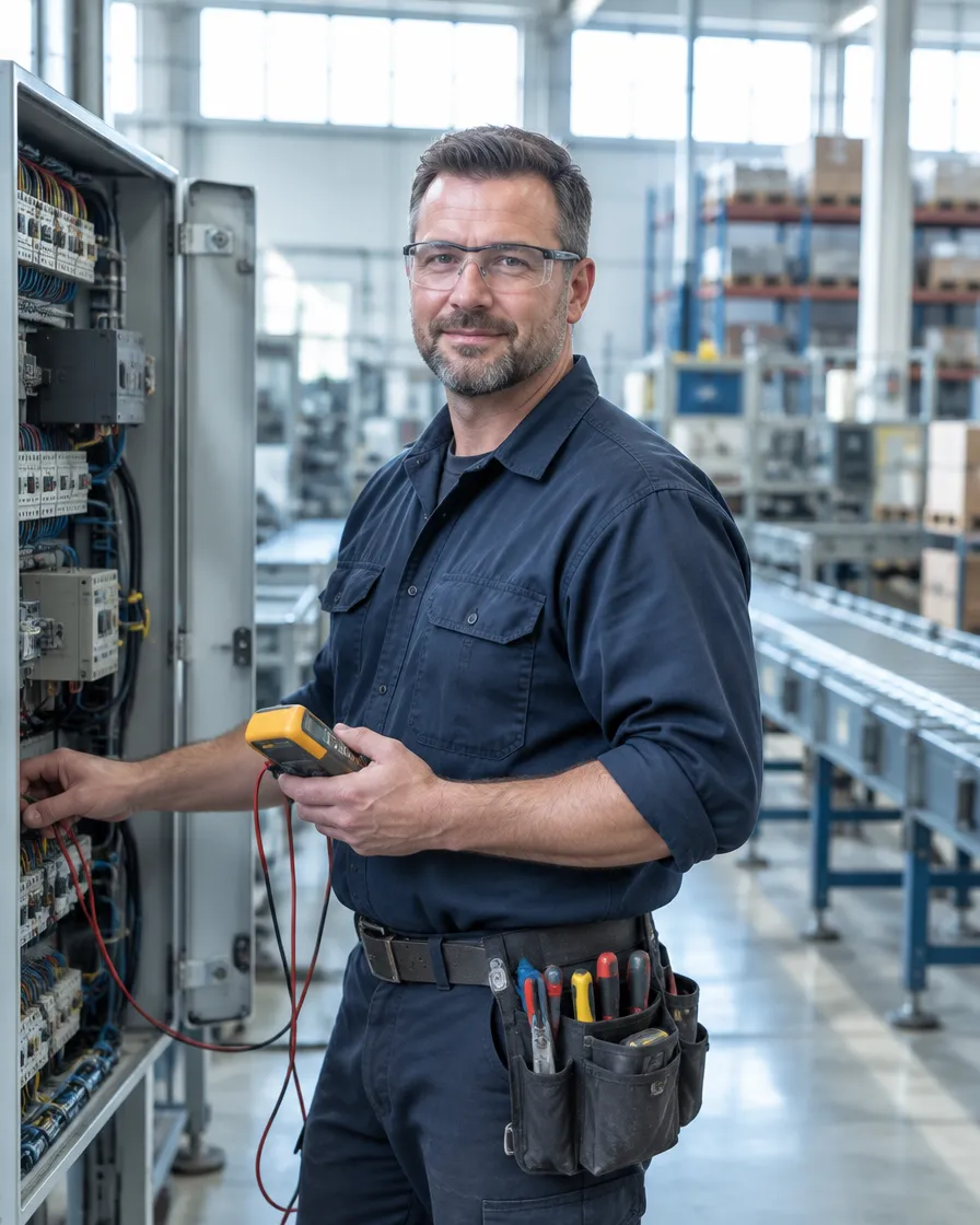A maintenance technician beside an industrial machine with an open panel, holding a multimeter