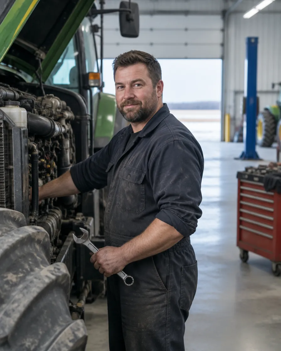 A heavy-duty mechanic beside a tractor with an open engine bay, wrench in hand