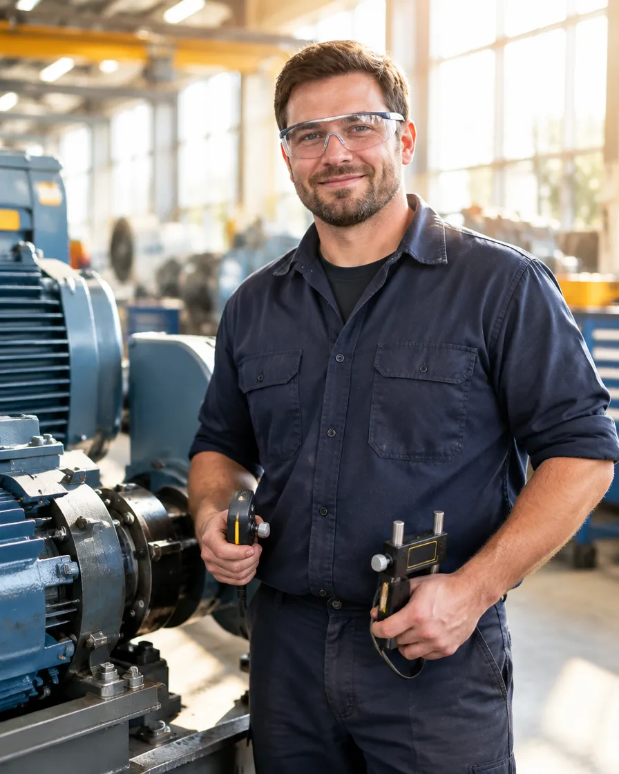 A millwright beside industrial machinery, precision alignment tools in hand, smiling