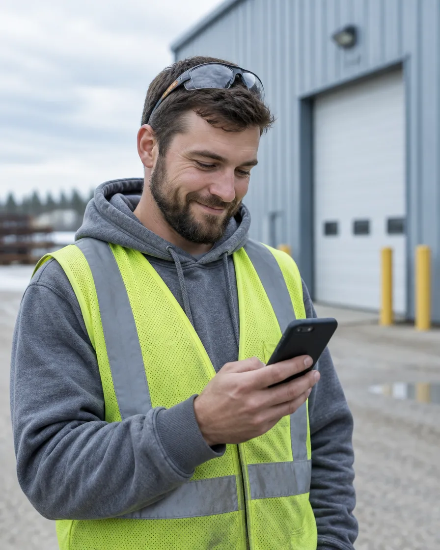 A machine operator on a break outside a shop, reading a message on his phone