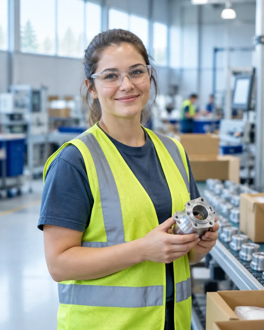 A production worker on a bright manufacturing line, holding a finished part