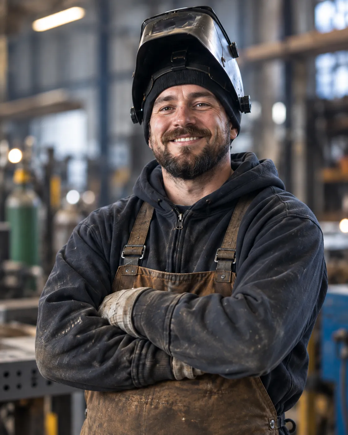 A welder in a bright fabrication shop, helmet up, arms crossed, smiling